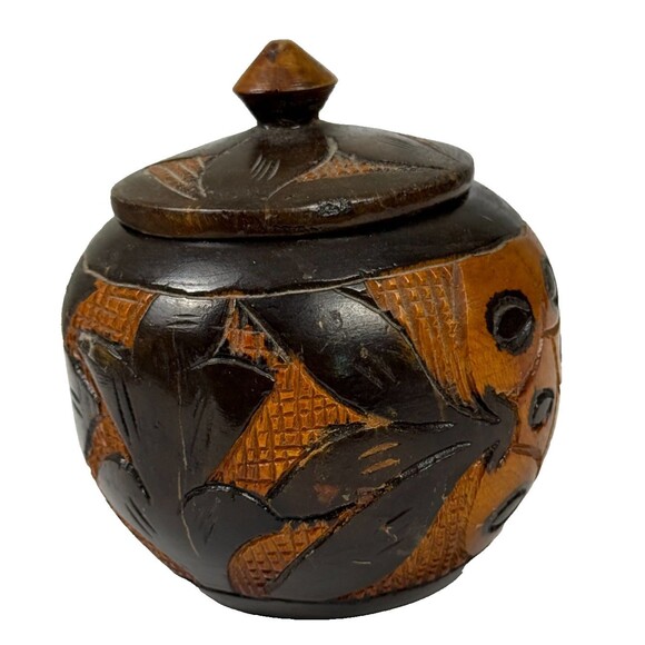 Vintage Carved Wood Jar Boho Botanical Lid Bowl Rustic Trinket Box Handcrafted - Picture 4 of 7